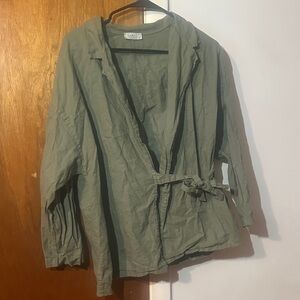 Linen blend LARA Olive Wrap top with Waist Tie